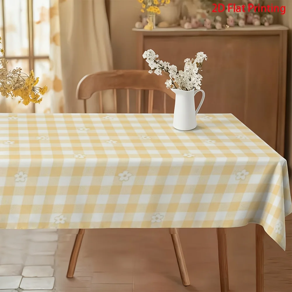 1pc High-end Versatile Spring Light Yellow and White Checkered Small Flower Pattern Tablecloth 2D FLAT Artxzj