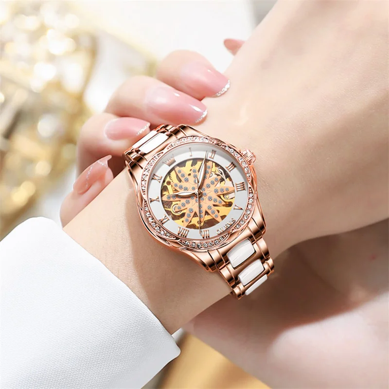 OLEVS Brand Automatic Mechanical Women Watch Fashion Ladies Rhinestone Skeleton Rose Gold Ceramics Luxury Watches Reloj Mujer