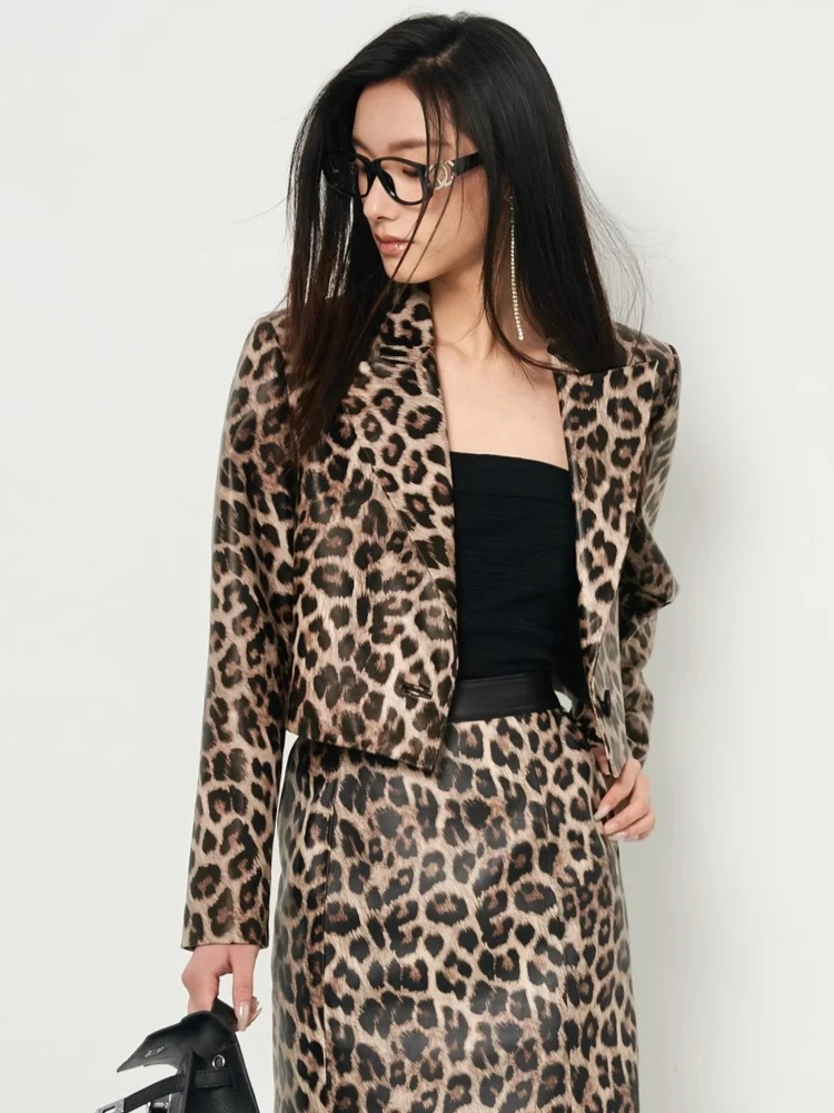 Leopard Print Genuine Leather Blazer Jackets for Women Spring Autumn 2025 New High-end Simple Slim Cropped Real Sheepskin Coat