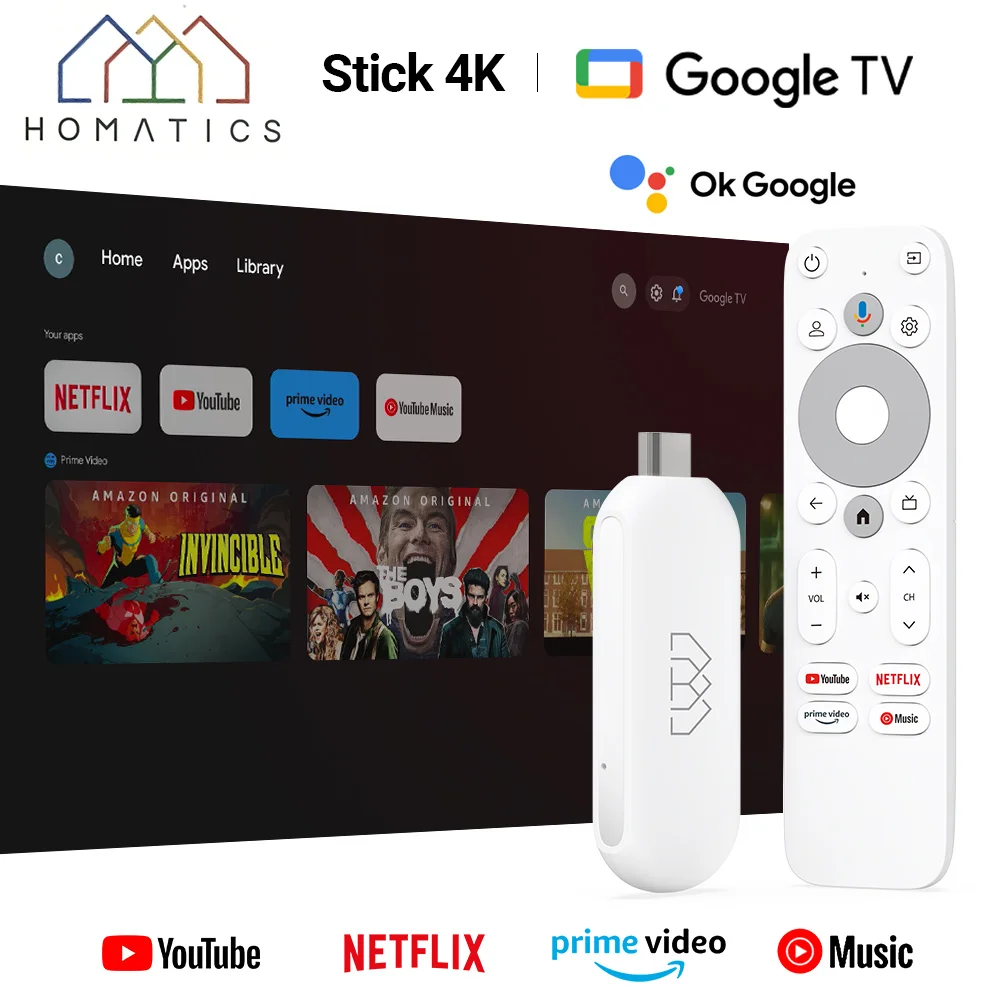 HOMATICS 4K TV Stick Netflix Google Сертифицированный 2 ГБ LPDDR4 32 ГБ ПЗУ Amlogic S905Y4 Поддержка Dolby Atmos 2T2R Wi-Fi AndroidTV бокс