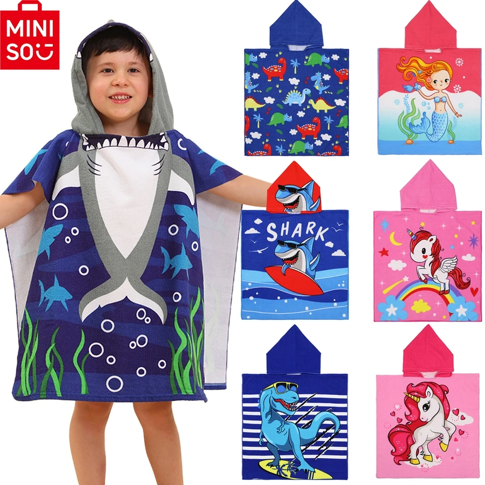 

MINISO 80-130cm Baby Bathing Towel Disney Towel Kids Hooded Bath Beach Poncho Towels Shark Dinosaur Stitch Bathrobe Child Towels
