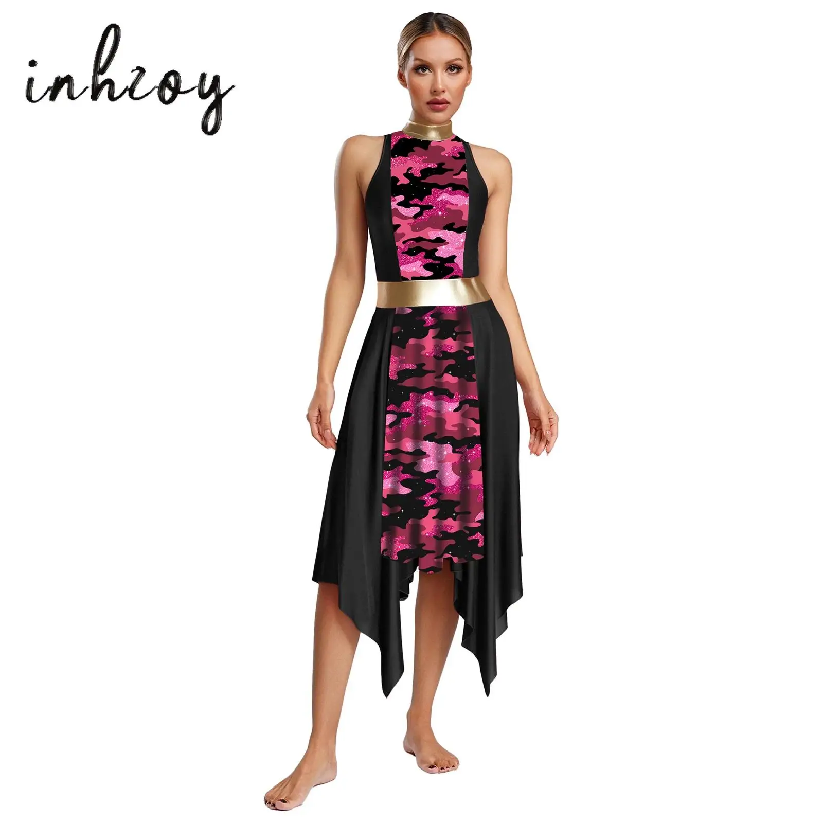 

Womens Worship Praise Dress Sleeve Back Hollow Out Print Patchwork Irregular Hem Dress Modern Lyrical Dance Dress Ballet Dress