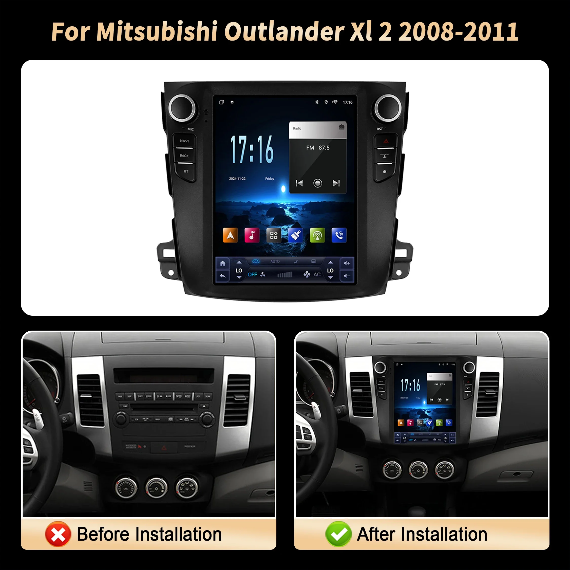 9.7 Inch For Mitsubishi Outlander Xl 2 2008 2009 2010 2011 Car Radio Navigation Car Multimedia Wireless BT Carplay QLED Screen