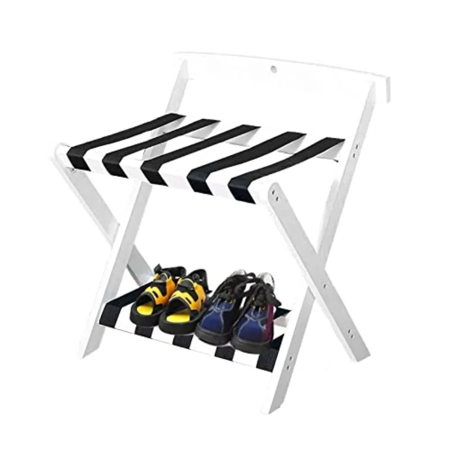 

White Luggage Rack for Guest Room Foldable, Double Layer Suitcase Stand Wood with Shelf, Apartment Hotel High Back Tour Pack Va