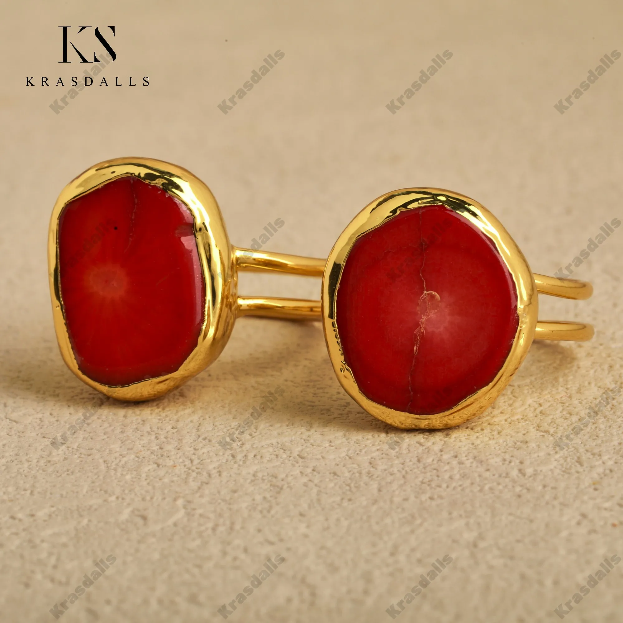 18K Gold Plated Copper Rings Red Coral Bezel Sits Comfortably on Fingers Stylish Statement Ring