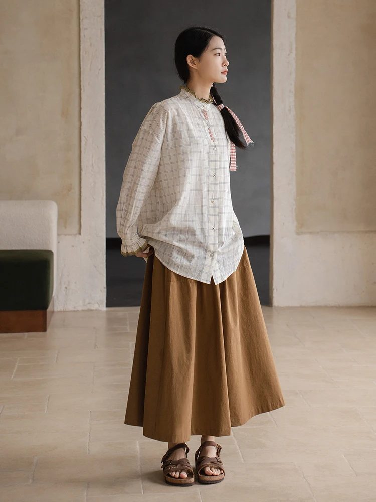 

Loose Fit Handwoven Organic Long Staple Cotton Plaid irt White Base Blue Pattern OL Sle Women's Faion Spring Collection