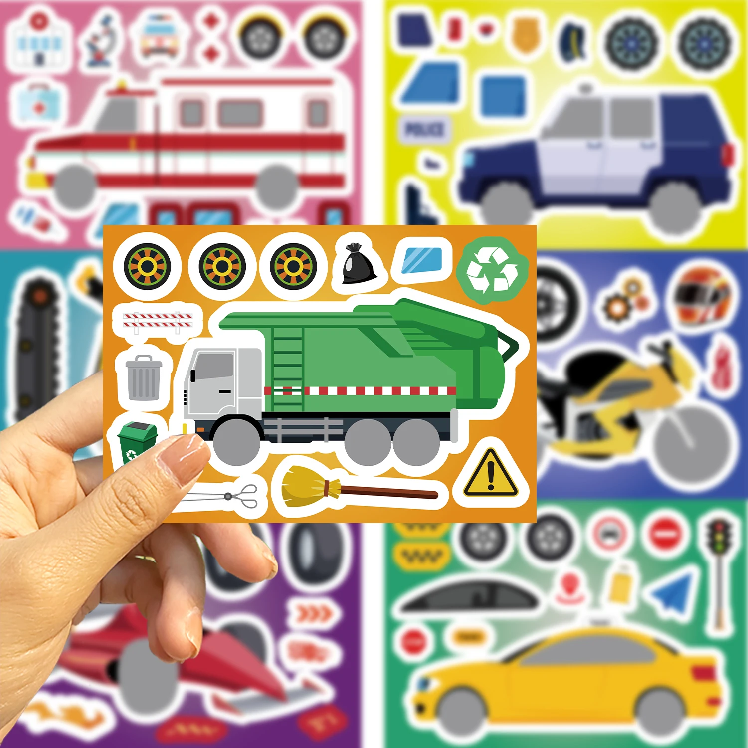 8/16/24Pcs Fire Truck Ambulance Puzzle Stickers Decoration DIY Decal Motorcycle Excavator Various Vehicle Combinations