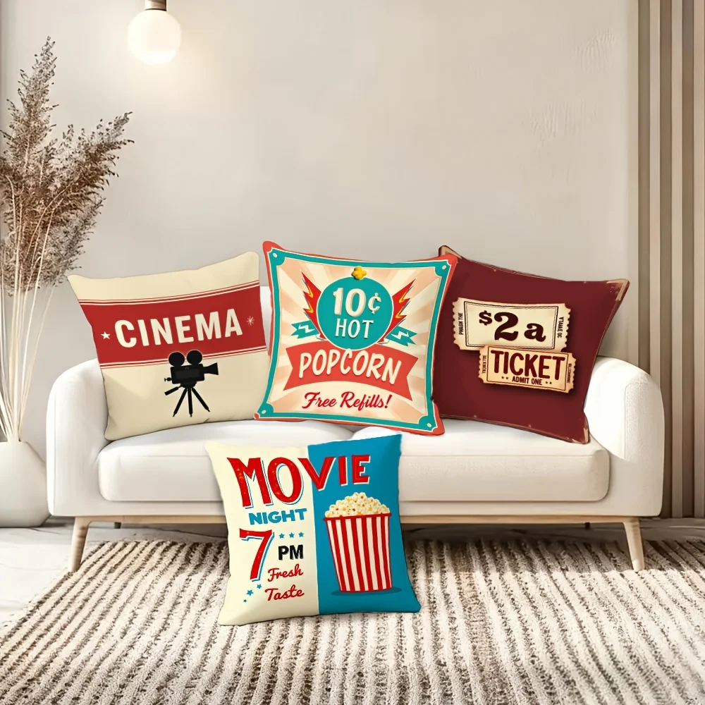 4pcs Vintage Movie Theme Pillowcase Set, Ideal for Home Theater and Living Room Relaxation Areas, Enhancing