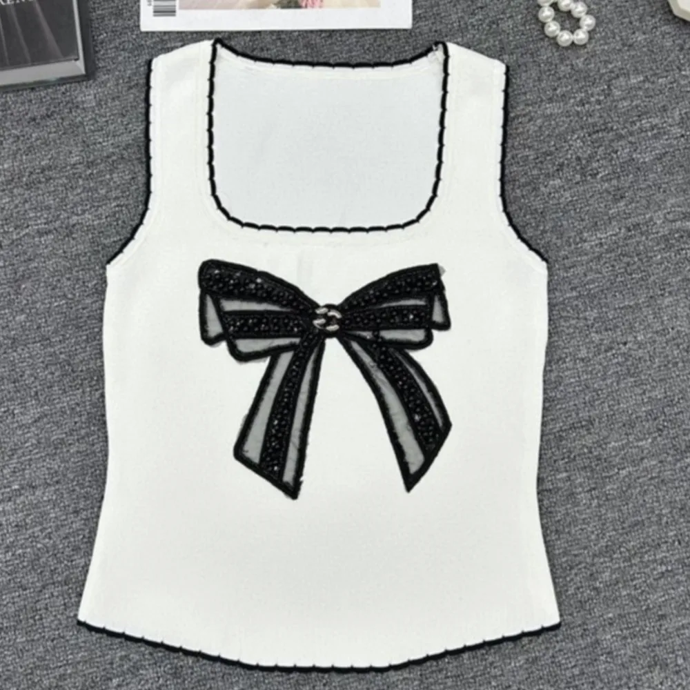 New Spring/Summer Square Neck Bow Fashion Slim Knitted Tank Top for Women