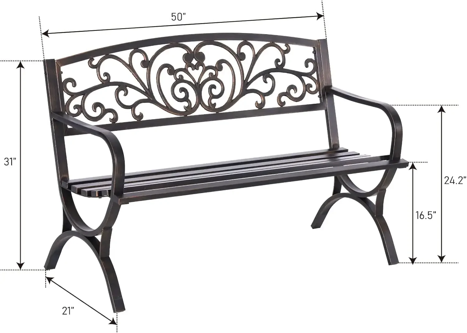 50 Inches Outdoor Garden Bench, Cast Iron Metal Frame Patio Park Bench with Floral Pattern Backrest, Arch Legs for Porc