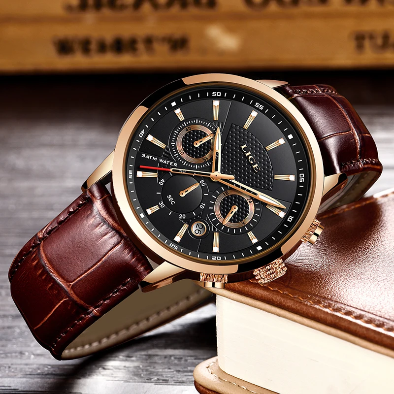 LIGE Luxury Watch Men Leather Sport Watches Men\'s Army Military Quartz Wristwatch Chronograph Male Clock Relogio Masculino+BOX