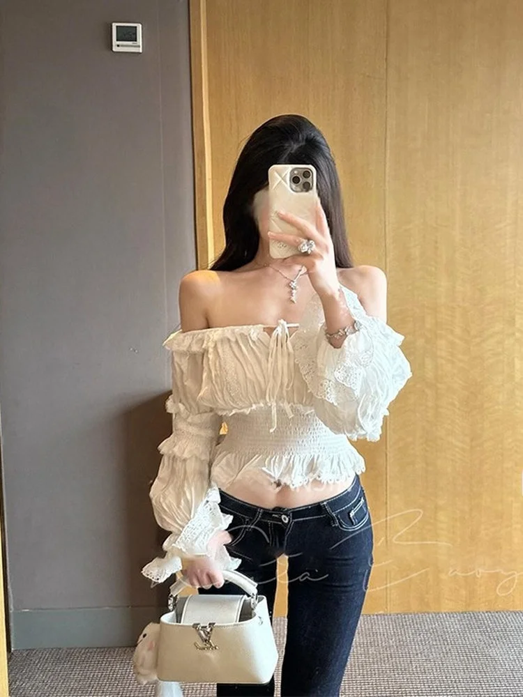 

Сексуальный топ из шифона с длинным рукавом и одним открытым плечом, с пышными рукавами и завязками на талии, для женщин, осенний, тонкий, приталенный