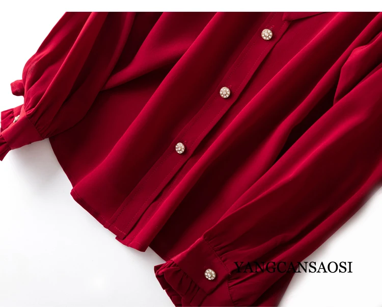 2023 New Red French Elegant Silk Ribbon Collar Vintage Wood Ear Edge Silk Crepe Double Long Sleeve Shirt Female