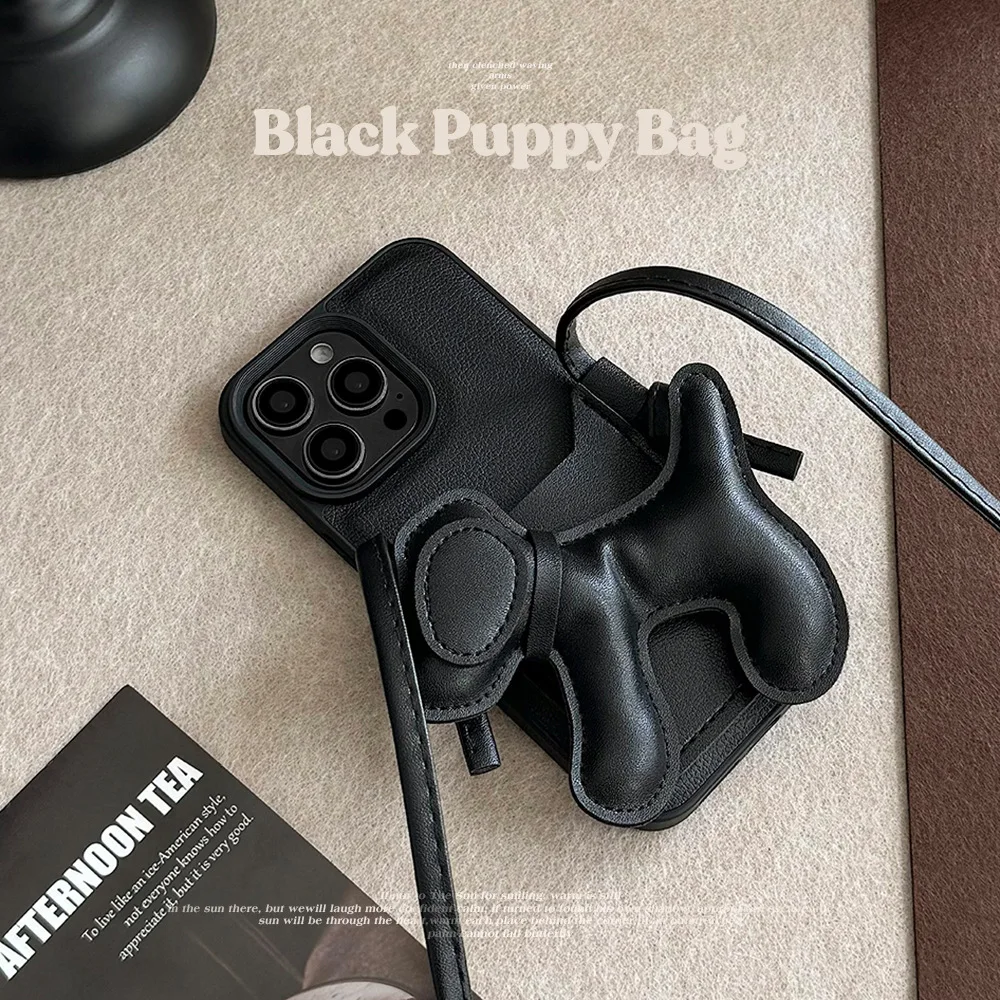 Koreanische Zuckerguss Crossbody Lanyard PU Lederband Hund Welpen Karte Halter Telefon Fall Für iPhone 16 15 14 13 12 Pro max Zurück Abdeckung