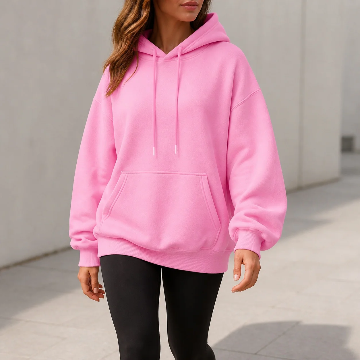 Women's Oversized Drop Shoulder Streetwear Hoodie Long Sleeve Solid Color Loose Fit Casual Mid Long Ribbed Basic Sweatshirt