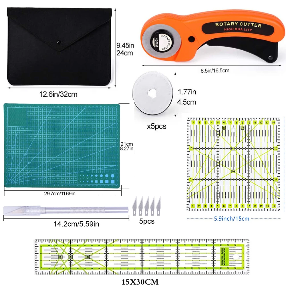 45mm Rotary Cutter Sets with Replacement Cutter Blades & Cutting Mat & Carving Knife & Patchwork Ruler for Sewing and Leather