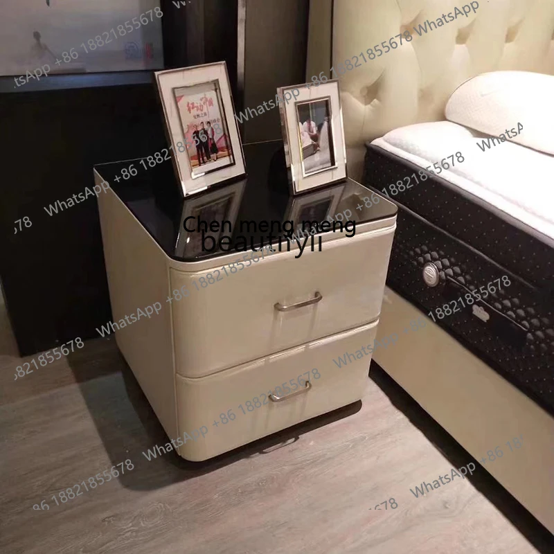 

Bedside Table Leather Cabinet Locker Bedside Cabinet Double-Layer Solid Wood Drawer Tempered Glass