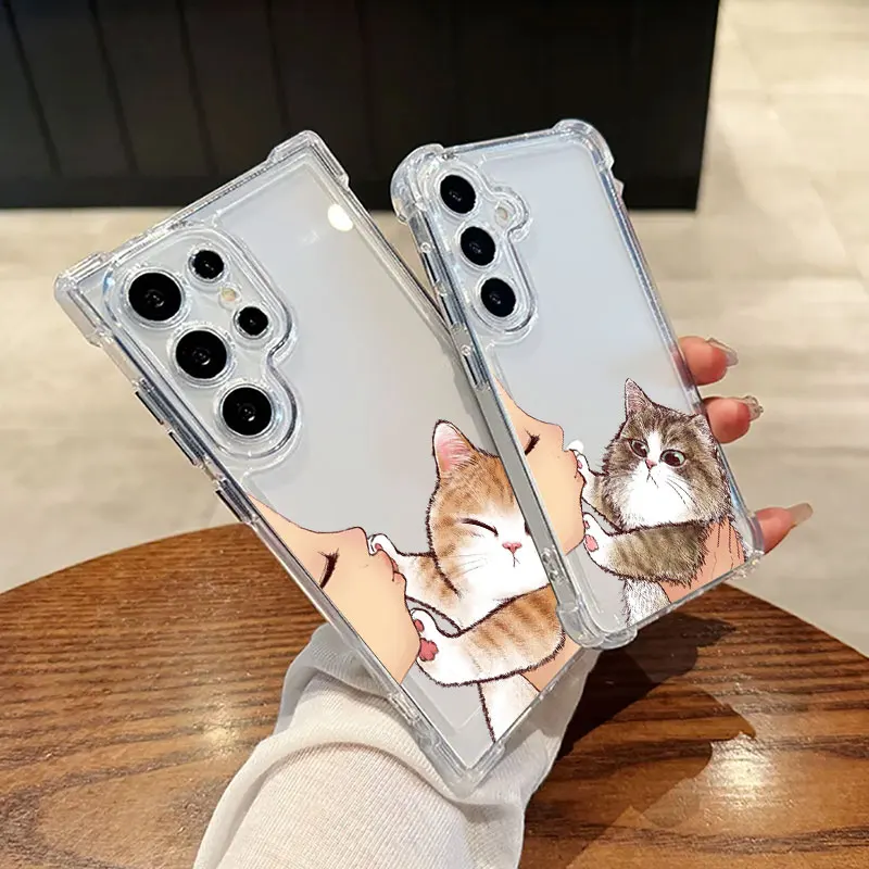 Kiss Cat Cute Clear Phone Case For Samsung Galaxy S26 S25 S24 Ultra S23 S22 Plus S21 S20 S26 FE 5G Shockproof Soft Silicon Cover