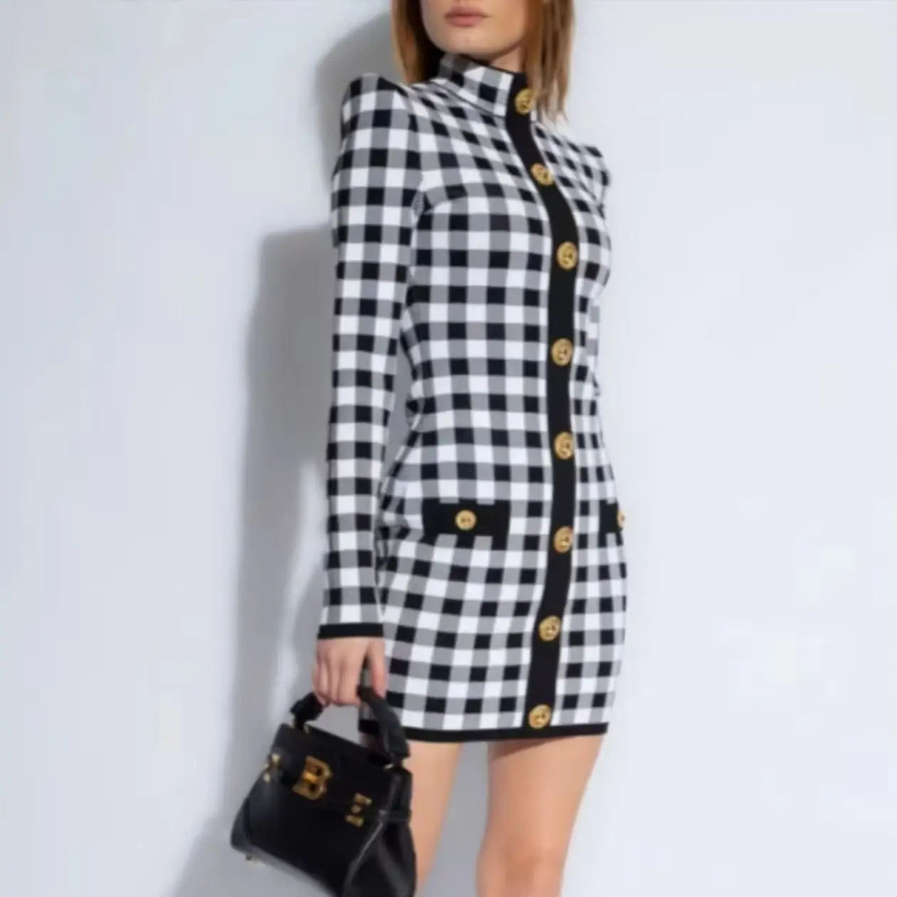 

Spring And Autumn New High Quality Fashion Temperament Commuter Stand Up Collar Skirt Plaid Long Sleeve Knitted Dress For Women