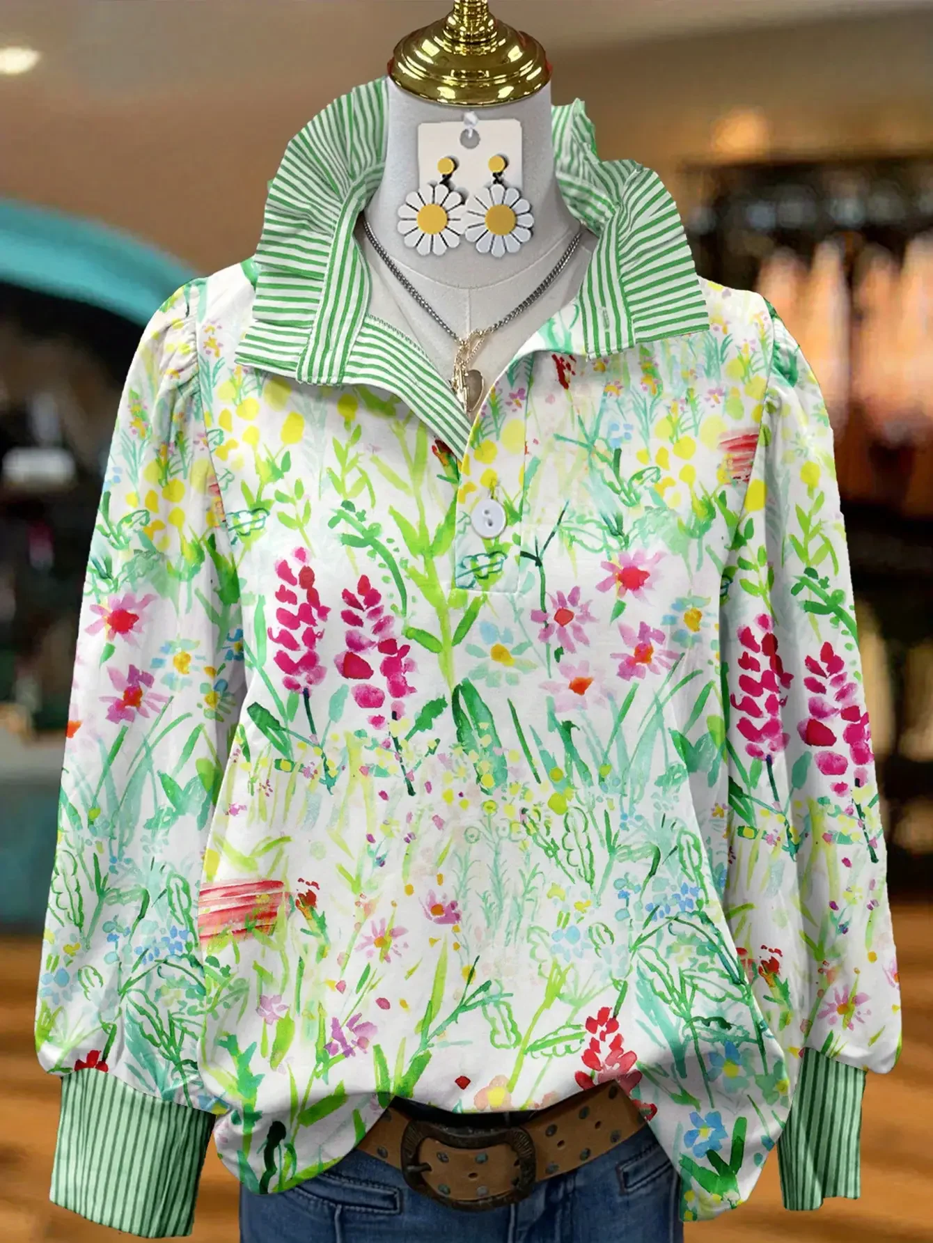 2026 Ladies' striped casual shirt with multi-color striped collar and Christmas Cat Pattern