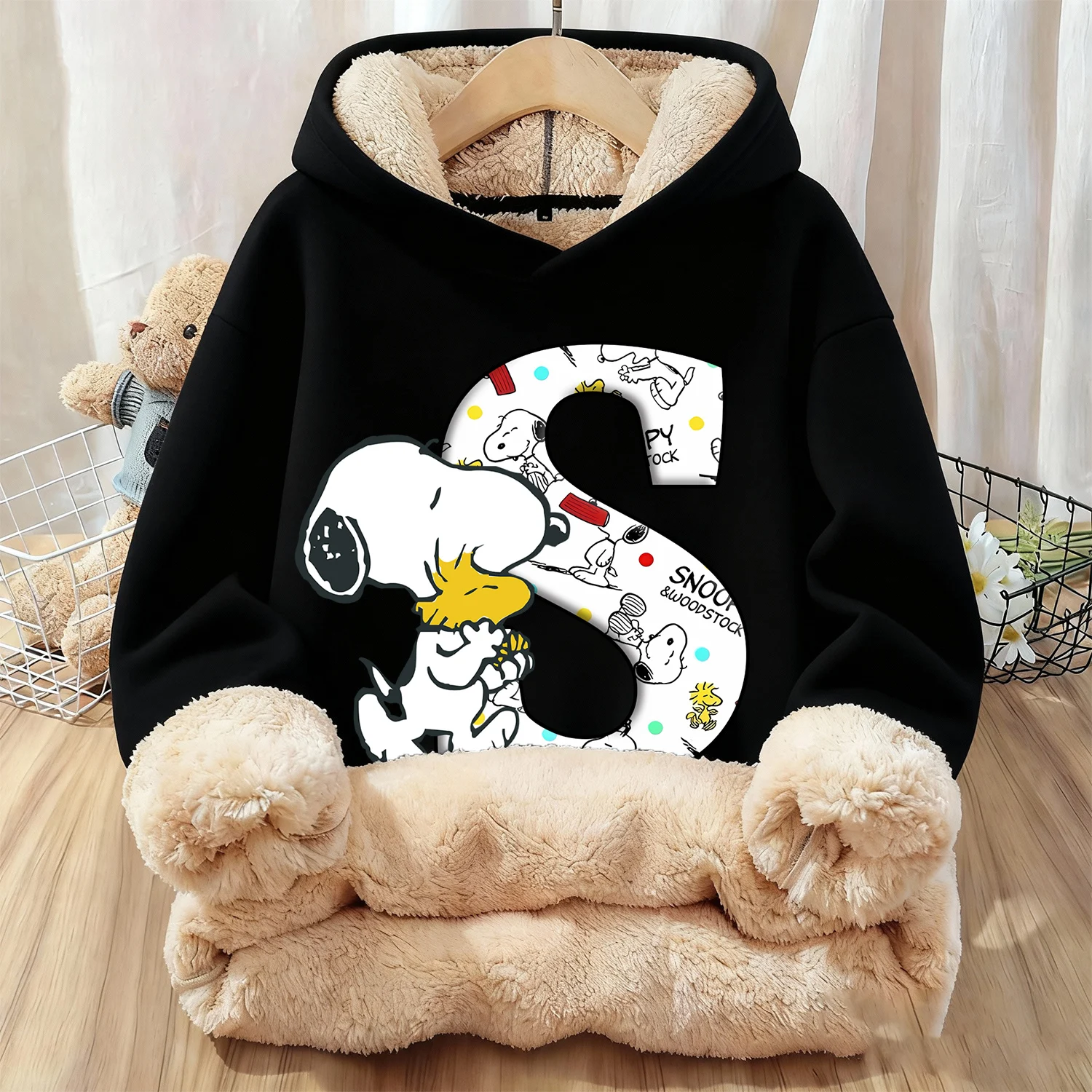 

Snoopy Thick Hoodie Children Cartoon Letter Clothes Kawaii Fleecing Sweatshirt Black Winter Warm Hoody Clothing Christmas Gift