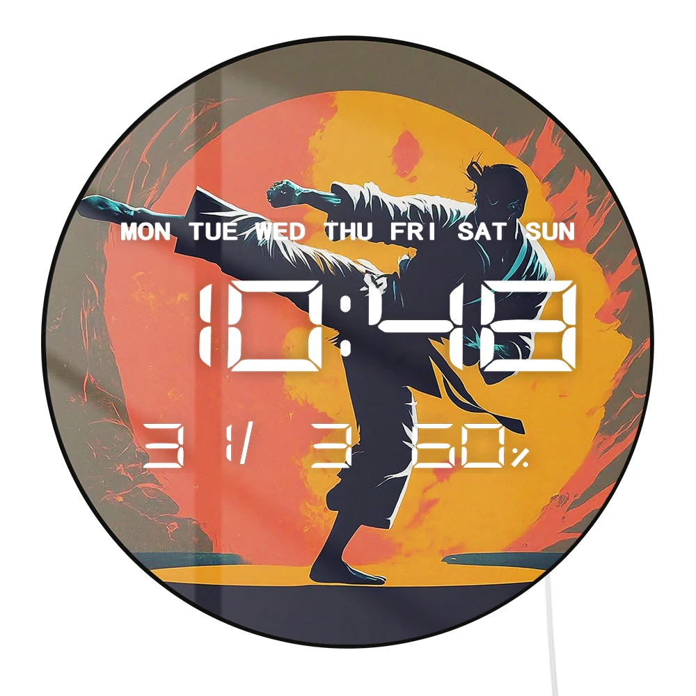 High Kick Karate Electronic Wall Clock Digital Clock Timer with LED Display Calendar Temperature Auto Dimming 12/24Hour Format