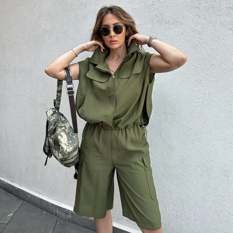 Knee Length Shorts Matching Sets Women Blouses Cardigan Single Breasted Short Sets Two Pieces Solid Drawstring Loose Casual