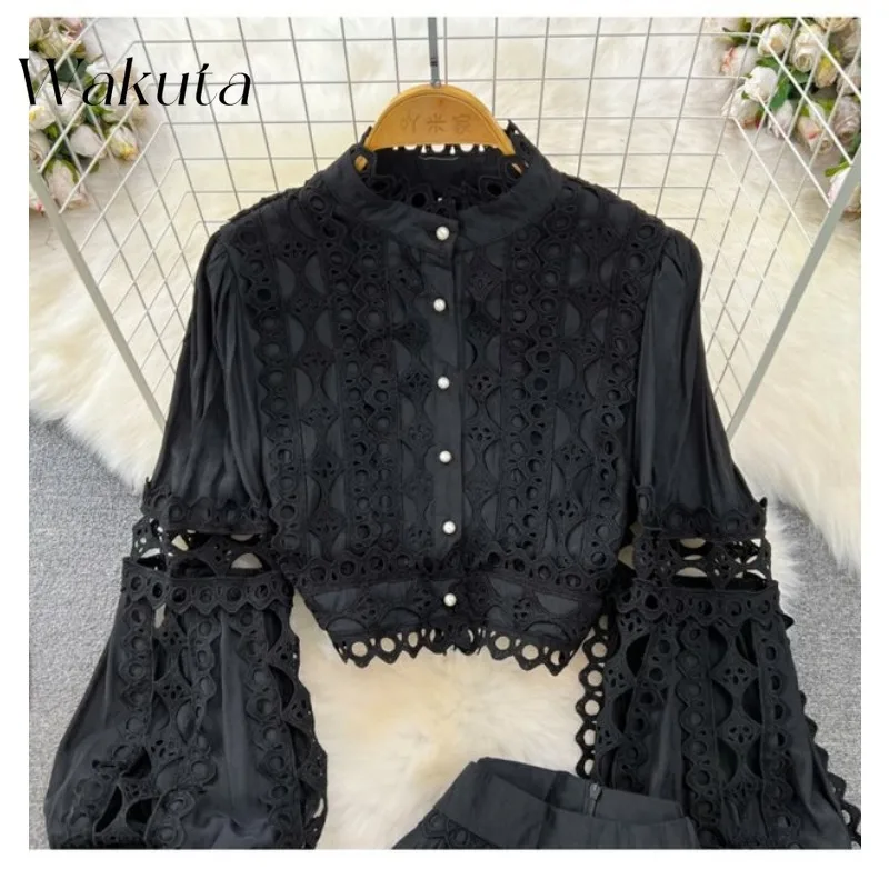 WAKUTA Fashion Retro Collar Lantern Long-sleeved Hollowed Out Top Court Style Lace High-waisted Solid Bustier Skirt Dresses Sets