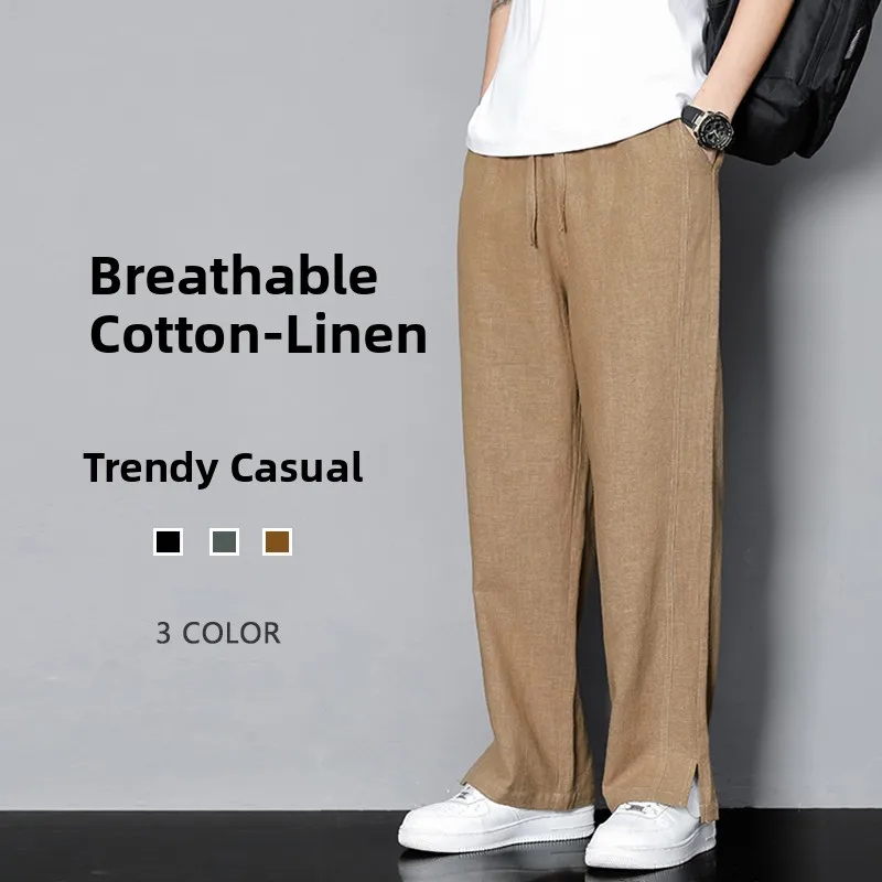 

Men's Summer Lightweight Linen Pants Casual Loose Straight Leg Trousers Breathable Cotton-Linen Micro Flared Split Floor-Length
