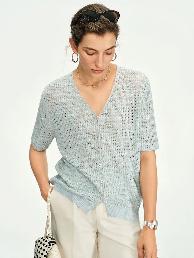 2025 Summer New! Women's Color - changing Feather - scale Shirt, Compo - leine Linen Sequin Loose V - neck Short - sleeve Knit C
