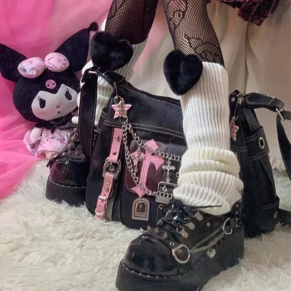 Sanrio Hello Kitty Gothic Punk Vintage Pink Cross Chains Crossbody Bags For Women Toys Hot Girl Handbag Trend Tote Bag Gift