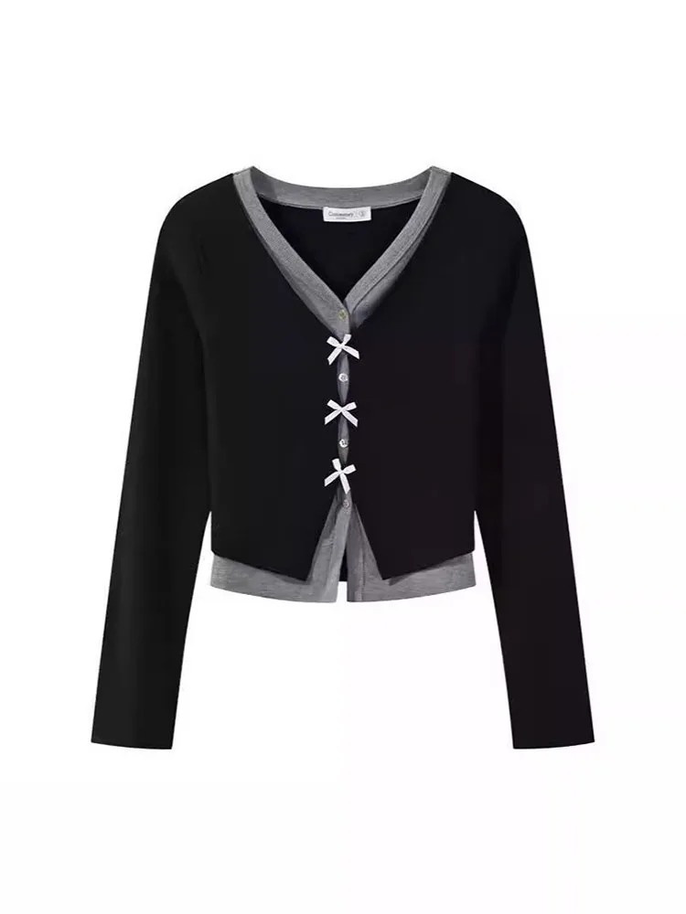 

Women's Sweaters Autumn Winter Patchwork V-Neck Long Sleeved Bow Cardigans Chic Simple Versatile Slim Short Knitted Tops