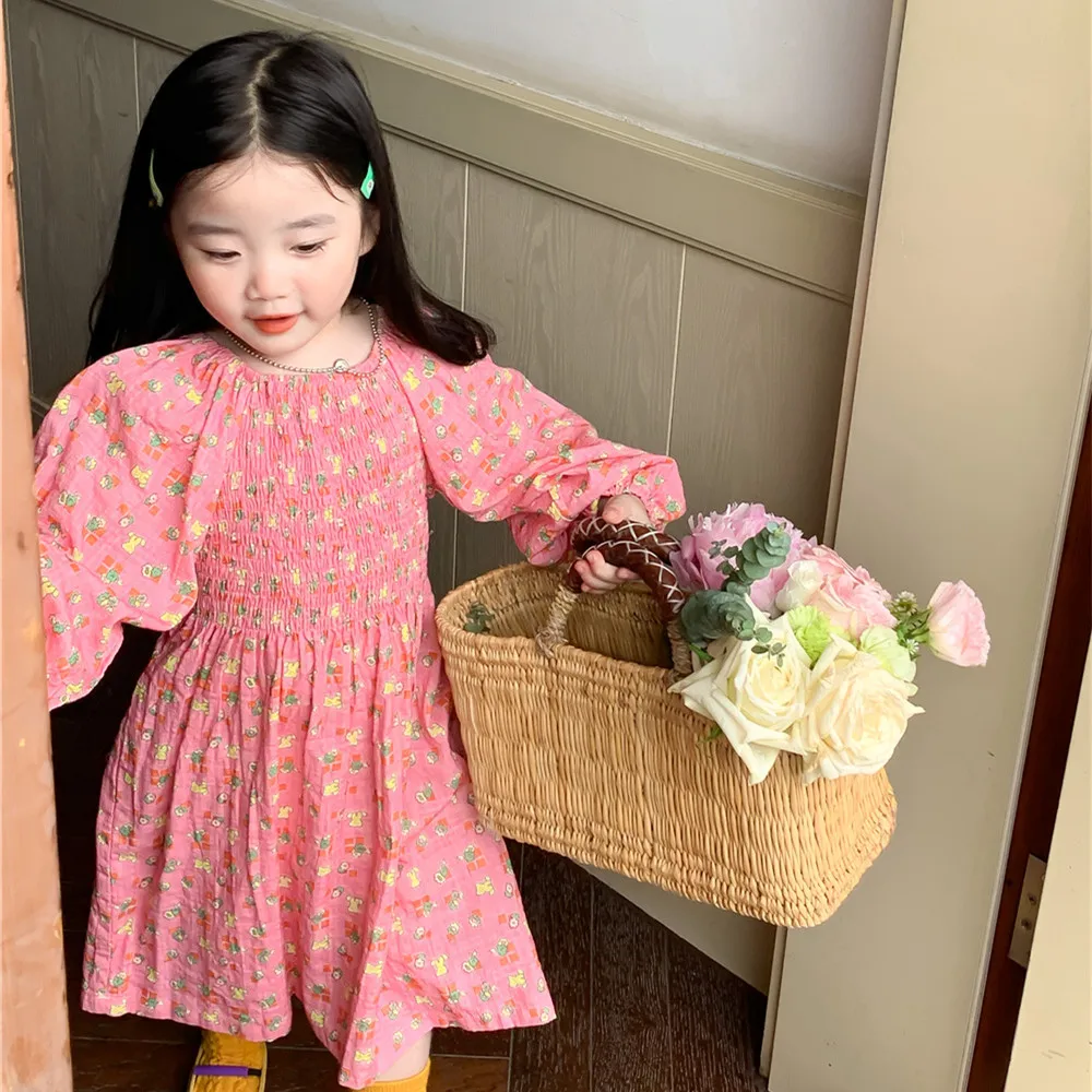 

Korean Children's Clothing 2022 Autumn Girl's Dress Cartoon Beef Tendon Long-sleeved Princess Skirt Contrast Color