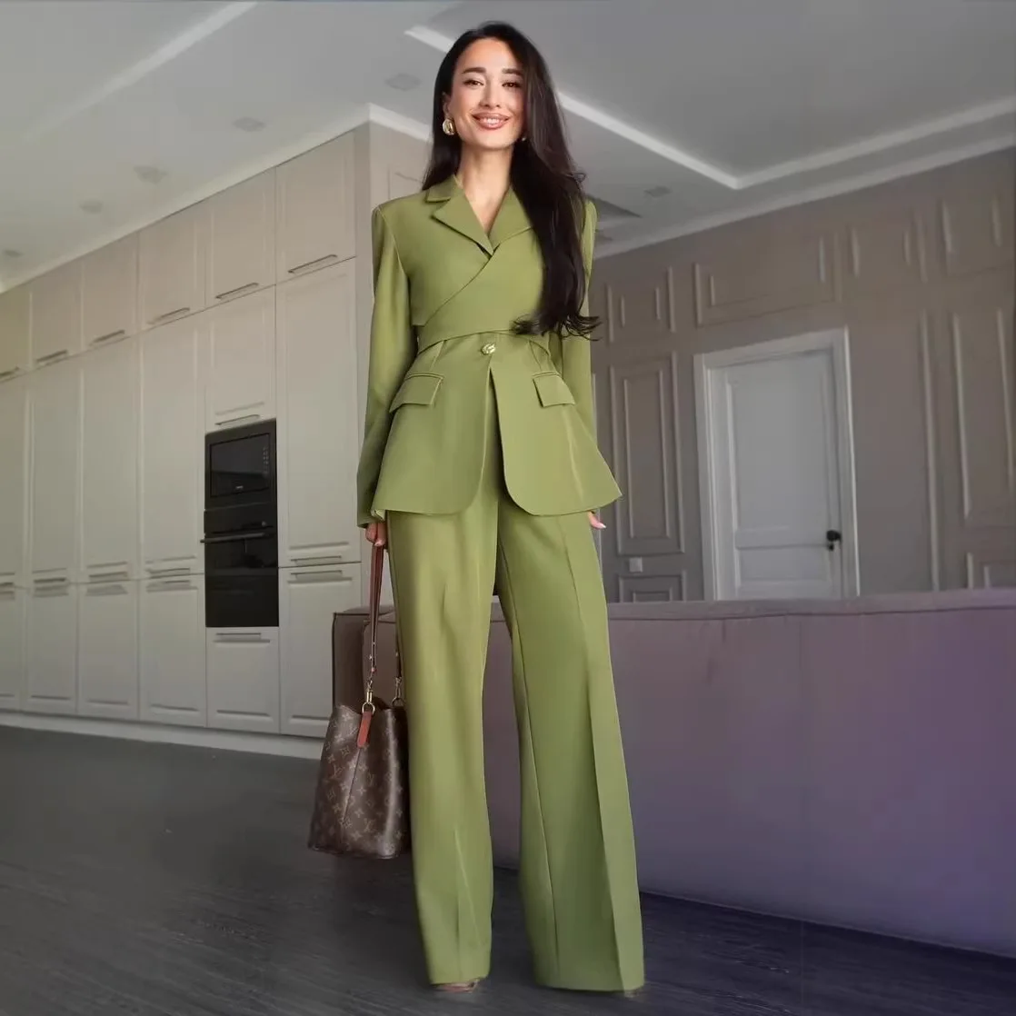 Women's Trousers Sets Long Sleeve Bandage Top Wide Leg Pants Suits Spring Female Solid Lace Up Slim Tops Chic Lady Outfits