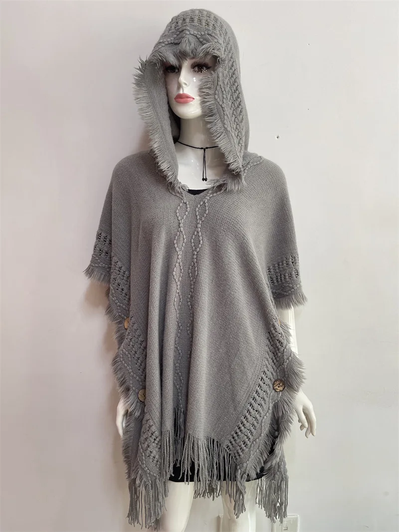 

Spring Autumn Women Hooded Pullover Sweater Tassel Knitting Versatile Sunscreen Warmth European American Knitted Cloak Gray