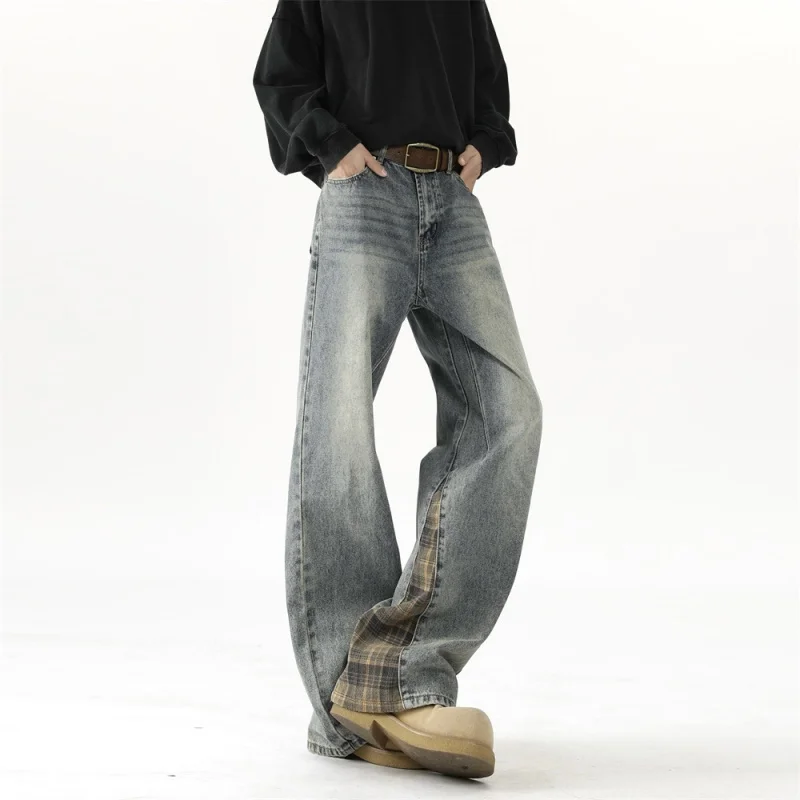 

TANGZ Studio American Plaid Splicing Jeans Men's Design Vintage Loose Straight Blade Pants Trendy Casual Jeans for Teens