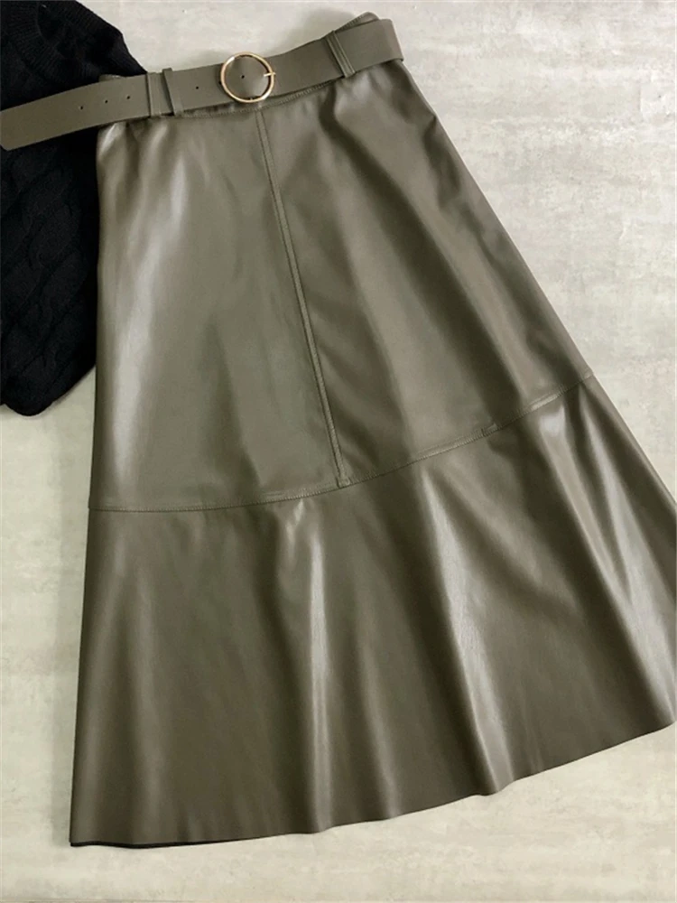 REALEFT 2022 New Autumn Winter PU-leather mi-long Skirt with Belt High Waist Vintage A-line Skirt Chic Mid-calf Umbrella Skirts