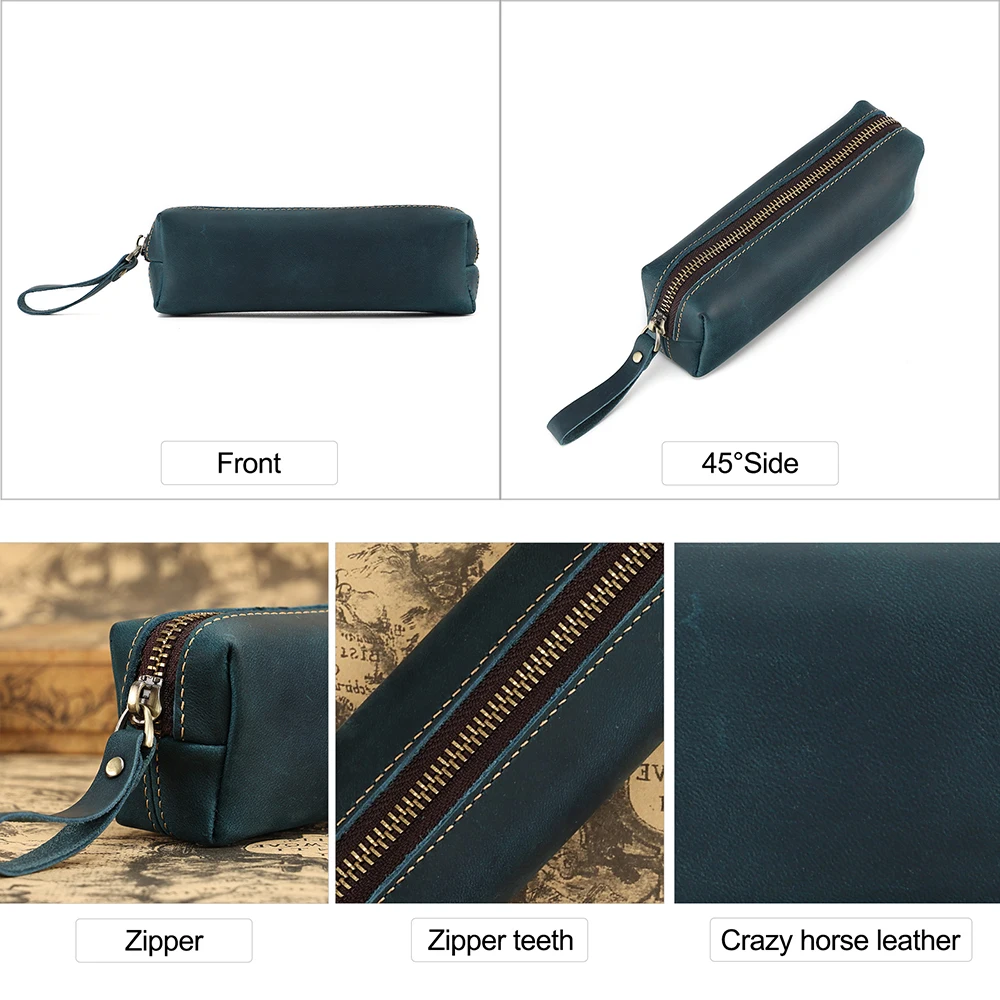 JOGUJOS Genuine Cowhide Leather Pencil Case  Business Pen Cases with Zipper Ruler Pouch for School Office Stationery Supplies