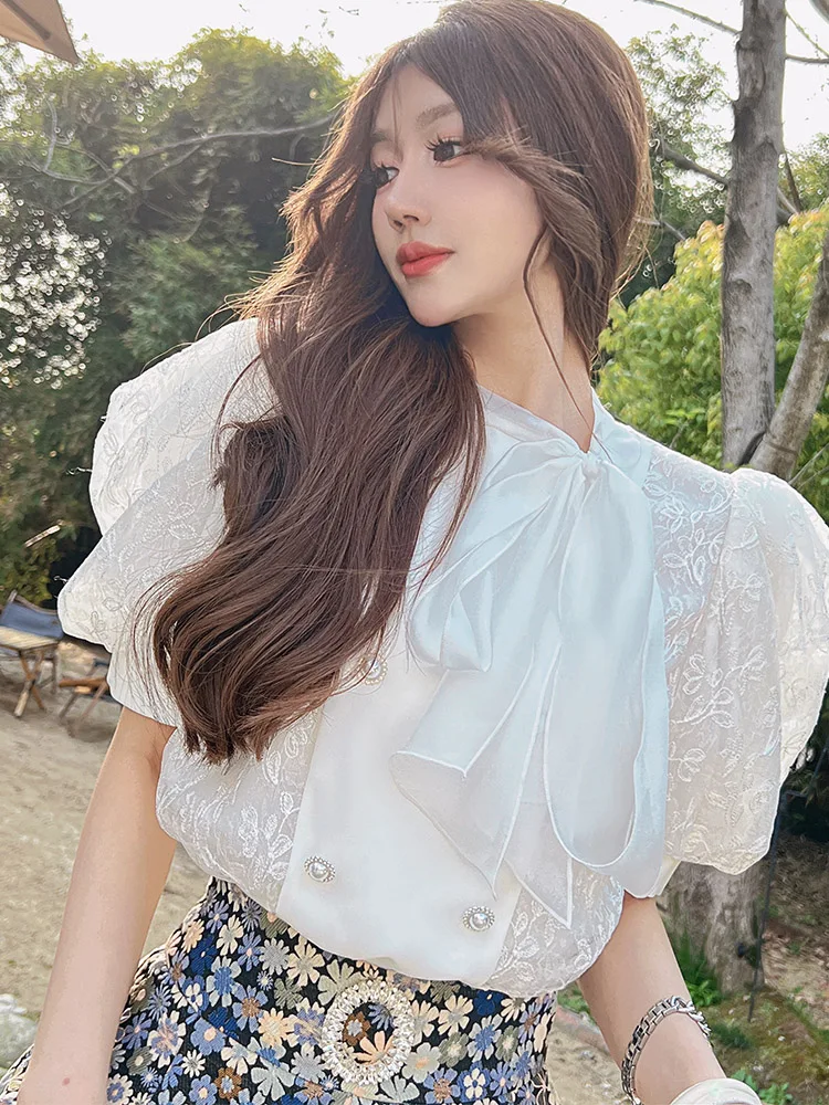 Dabuwawa Lace Blouse Double Breasted Puff Sleeve Bow Shirt Back to Shool Vintage Summer Top Women New DM1BLA003