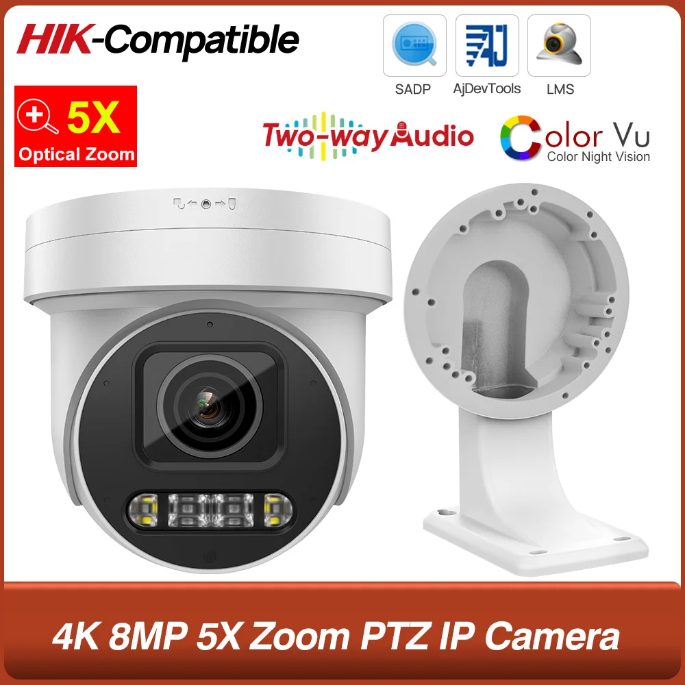 Hikvision Compatible 4K 8MP 5X Zoom POE PTZ Camera Smart Dual Light ColorVu Built-in Mic Speaker CCTV Video Surveillance Camera