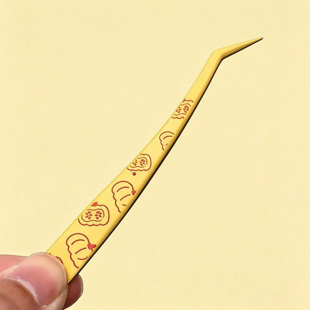 Stainless Steel Curved Stickers Tweezers Anti-static High Precision False Eyelash Tweezers With Leather Case Cartoon Fruits