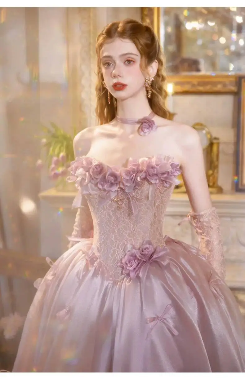 Vintage Dusty Pink Princess Ballgown Strapless 3D Flower Lace Corset Satin Long Formal Dress Wedding Photoshoot Gown view 4