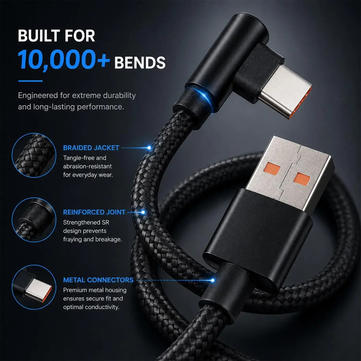 240W 10A rechtwinkliges USB-A-auf-Typ-C-Kabel für superschnelles Laden, 480Mbps Hochleistungs-Ladekabel für Xiaomi, Samsung, Huawei – Detail 7
