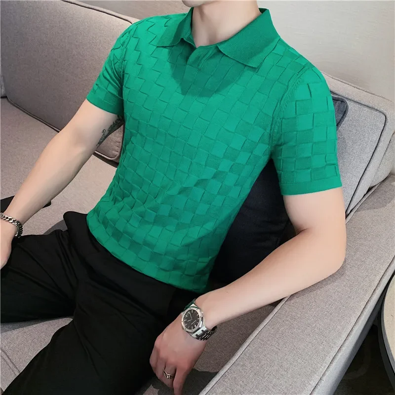 

Men Short Sleeves Knitting POLO Shirts/2023 Summer Male Solid Casual Stripe Lapel Elastic Slim Fit Polo T-Shirts Men Clothing