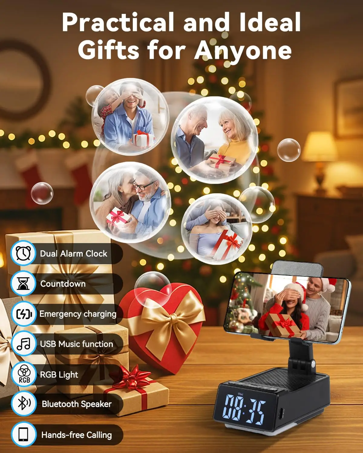7-in-1 携帯電話スタンド ワイヤレススピーカー＆目覚まし時計付き |   卓上、USB Type-C充電、非、ステレオオーディオ出力、