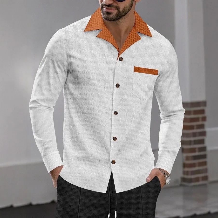 

Spring Autumn Men's Casual Retro Street Long-Sleeved Shirt - Color-matched Collar and Pockets, Fashionable Loose Top
