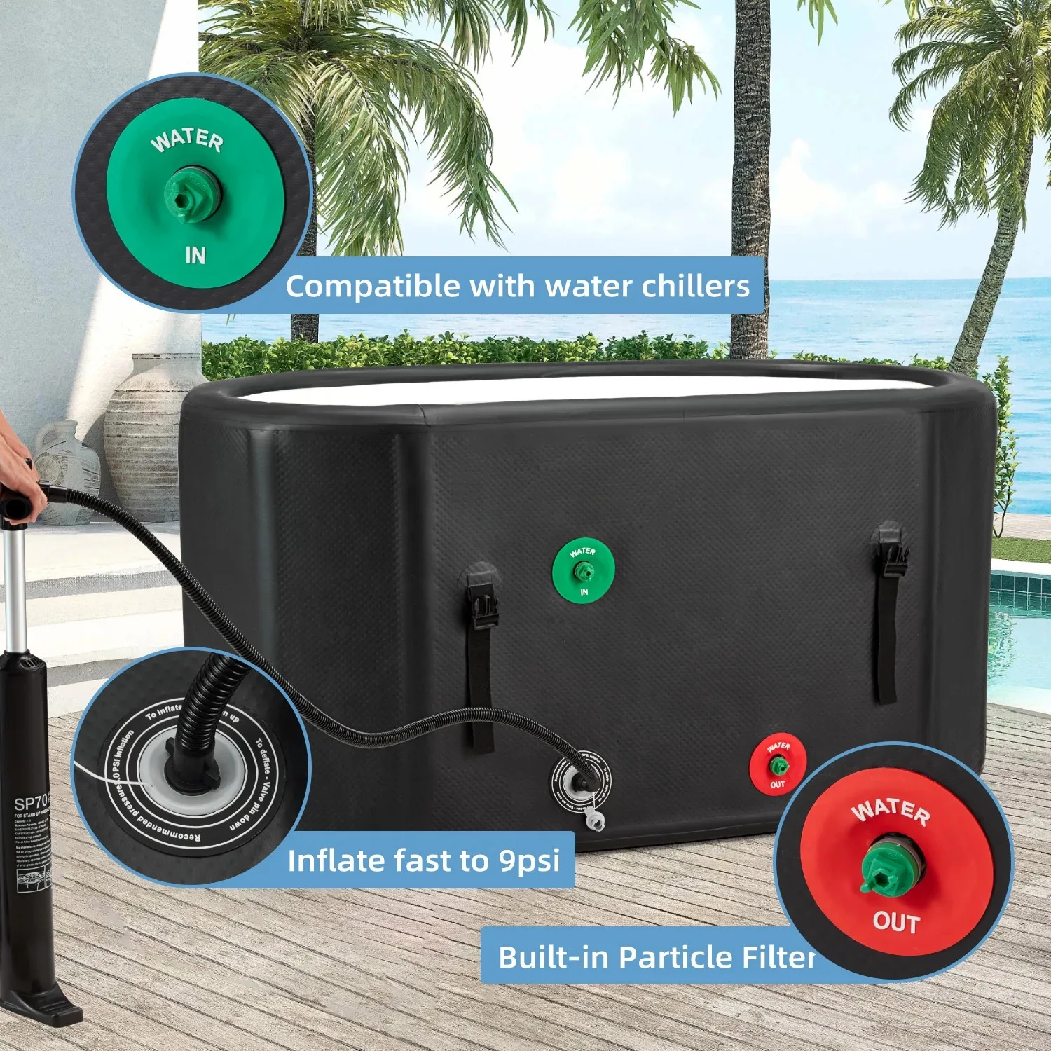 1 grados de rendimiento más alto, inmersión en frío con enfriador, bañera inflable, baño de hielo, uso para todo tipo de clima, pequeño enfriador de agua, baño de hielo