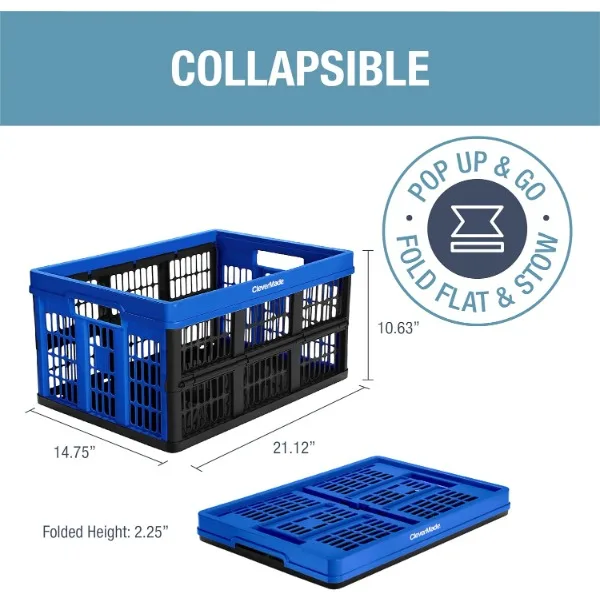 CleverMade Collapsible Utility Crate, Royal Blue, 3PK - 45L (11 Gal) Collapsible Storage Bins, Holds 66lbs Per Bin - Plastic