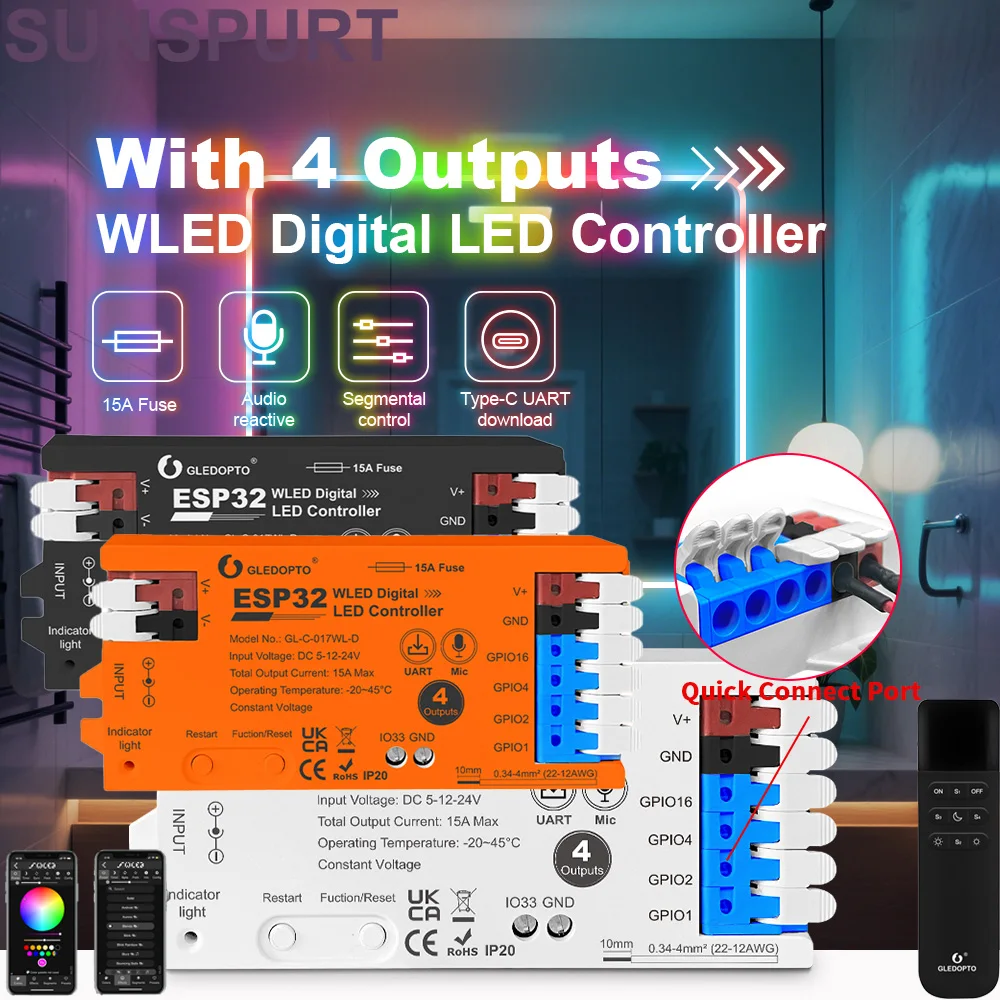 

5 ESP32 WLED LED Controller DC5-24V Microphone Music DIY Dynamic PWM 5IN1 UART Download For WS2811/12/13/15 RGB CCT Strip Light
