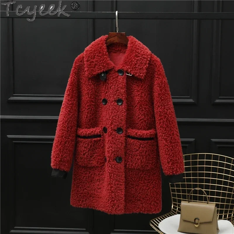 Tcyeek 100% Wool Jacket Long Fur Coat Women Winter Women's Fur Jackets Fashion Sheep Shearling Coat Double-breasted Abrigo Mujer